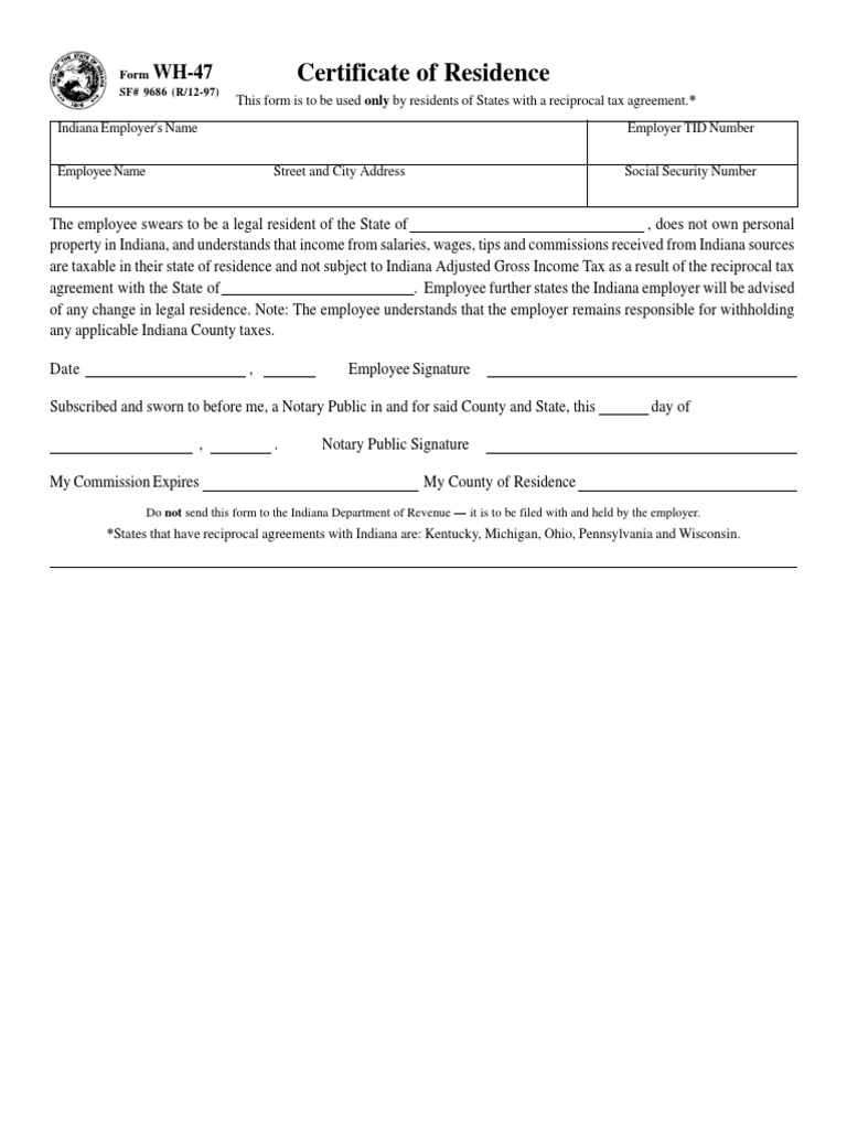 Indiana Certificate of Residence Form | PDF