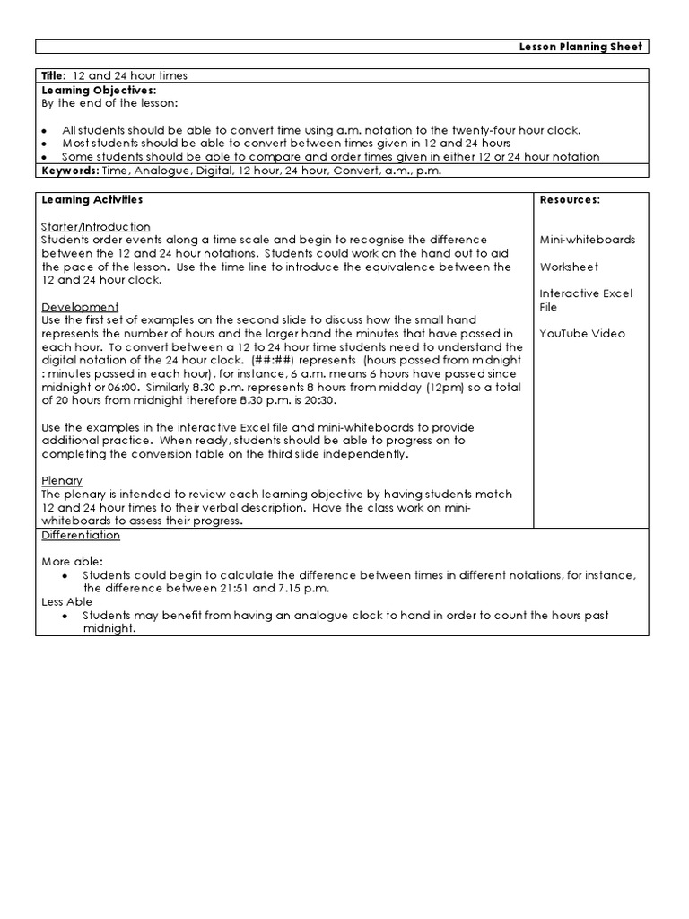 Time Lesson Plan PDF Clock Time