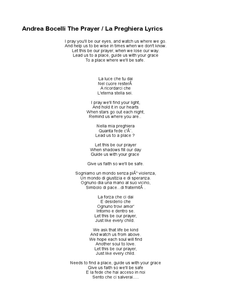 The Prayer La Preghiera Lyrics Andrea Bocelli