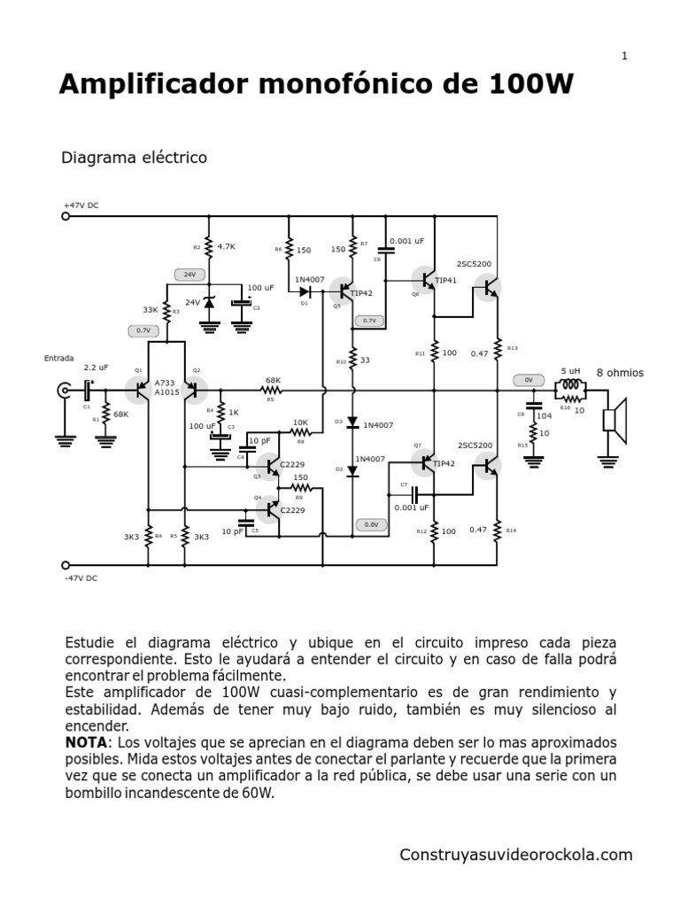 Un fiel Equivalente teoría Amplificador de 100W Mono Cuasi | PDF | Transistor | Placa de circuito  impreso
