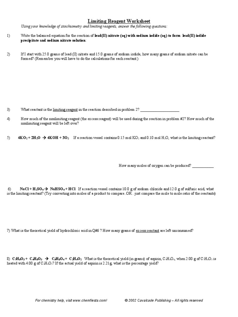 Limiting Reagent Worksheet  PDF  Stoichiometry  Atoms Pertaining To Limiting Reactant Worksheet Answers
