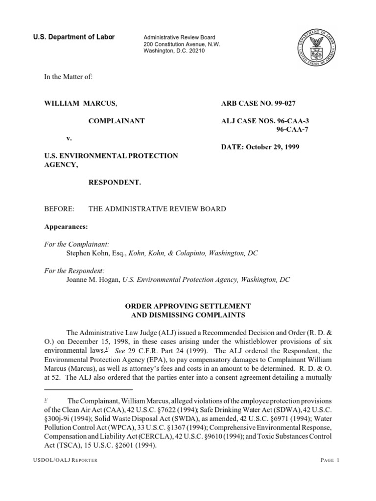 EPA Whistleblower Settlement Approval | PDF