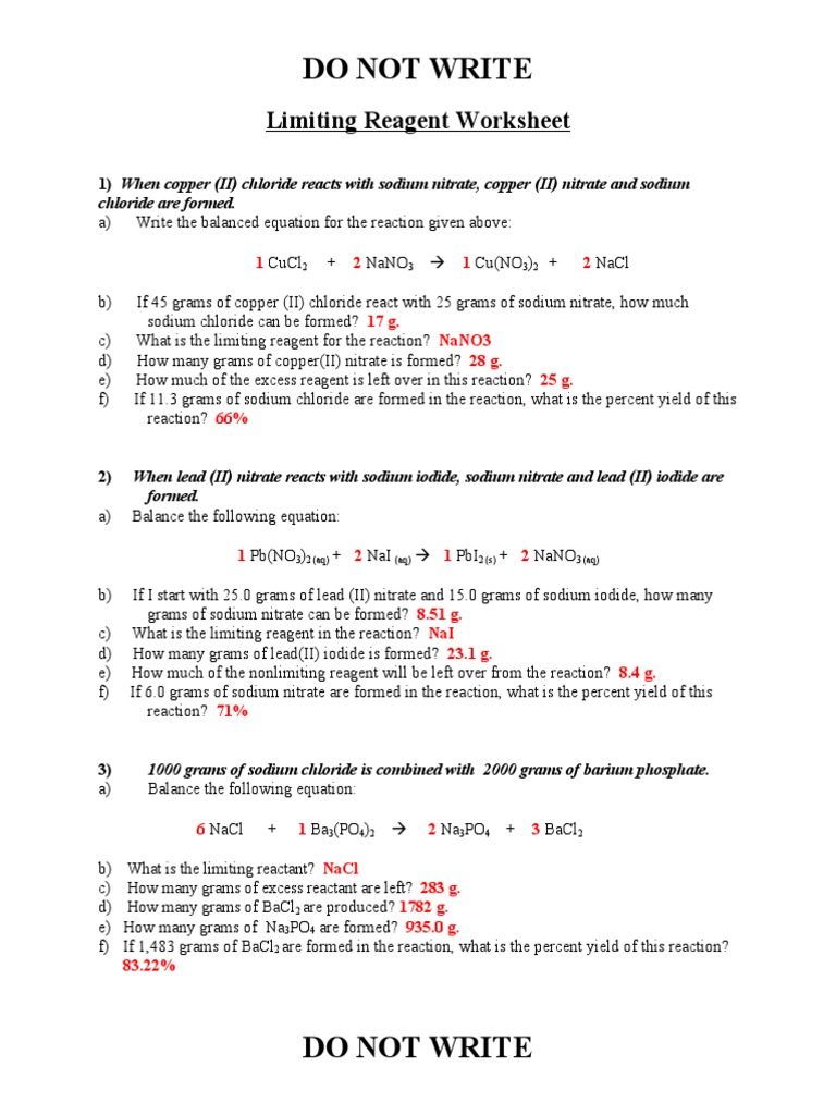 Limiting Reagent Worksheet Answers Chemical Reactions Sodium