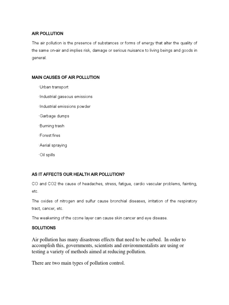 Causes and Solutions for Air Pollution | PDF
