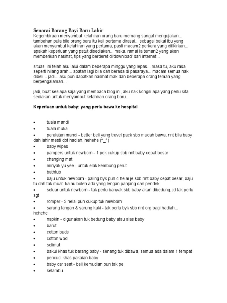 Senarai Barang Bayi Baru Lahir Pdf