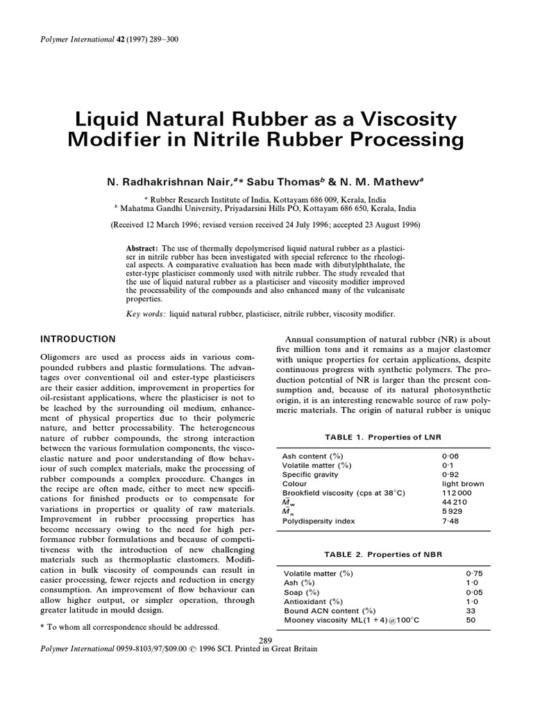 Liquid Natural Rubber as a Viscosity Modifier in Nitrile Rubber