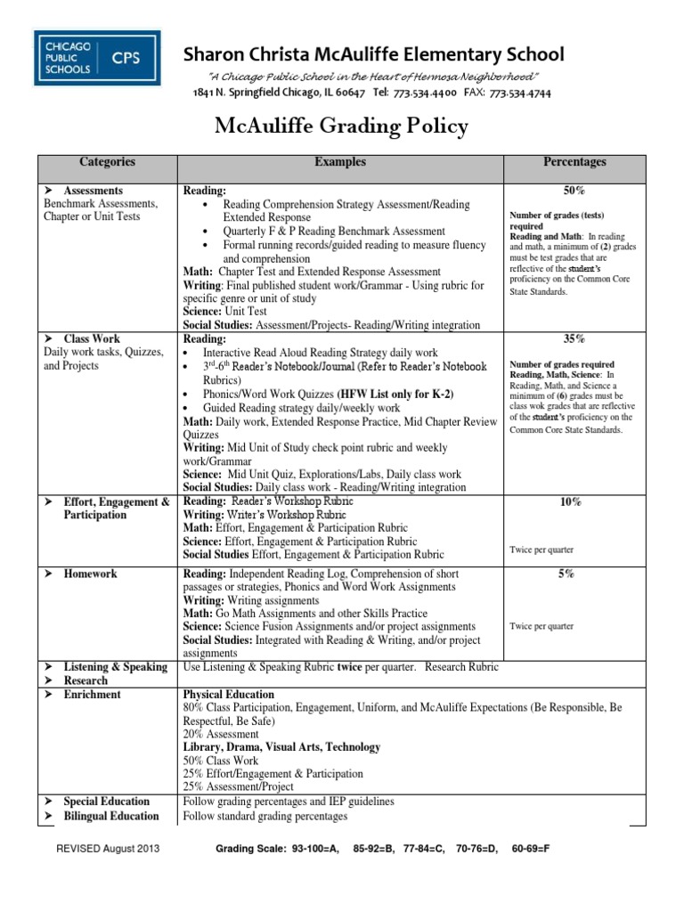 McAuliffe Elementary School Grading Policy | PDF | Homework | Reading ...