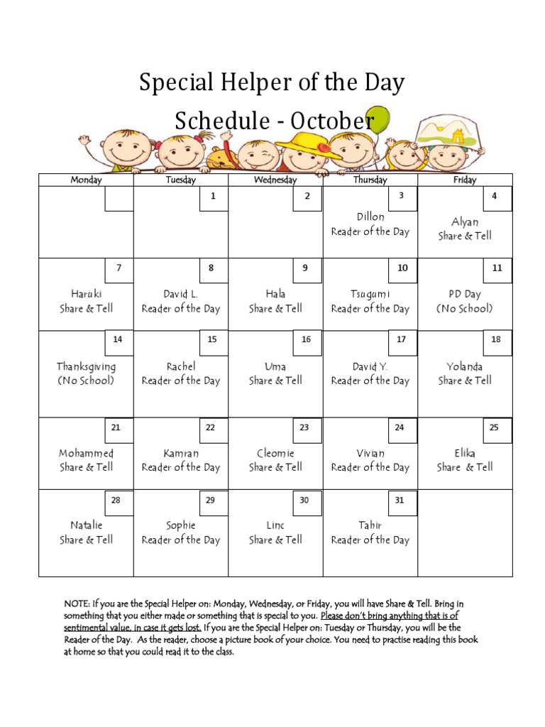 October Special Helper Schedule | PDF