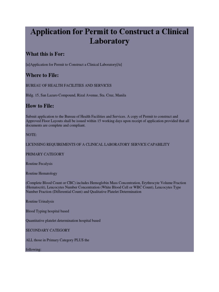 Application For Permit To Construct A Clinical Laboratory | PDF