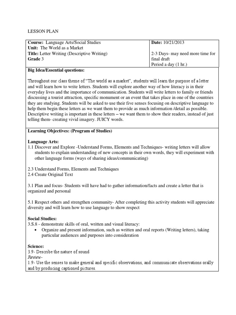 Grade 3 Descriptive Letter Writing Lesson | PDF | Lesson Plan | Learning