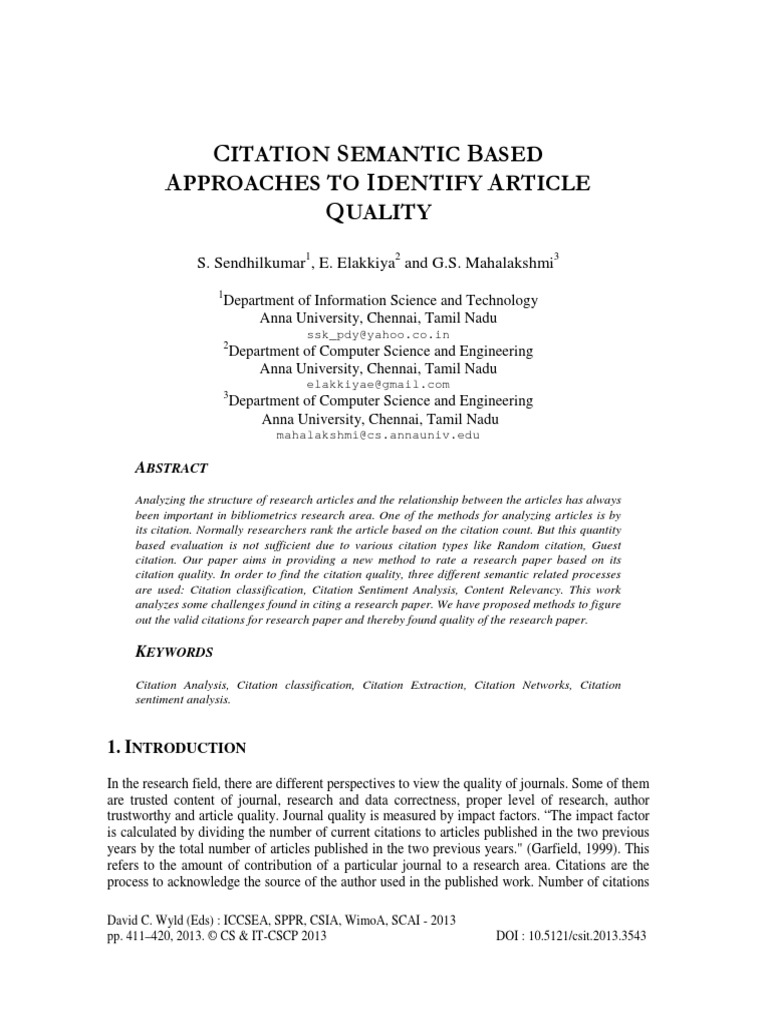 Citation Semantic Based Approaches To Identify Article Quality Citation Statistical Classification