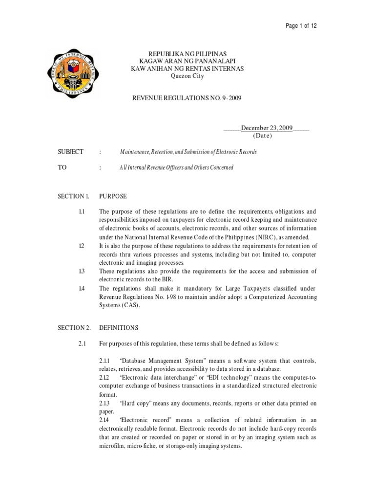 BIR Revenue Regs No. 9-2009 on E-Records | PDF | Records Management ...