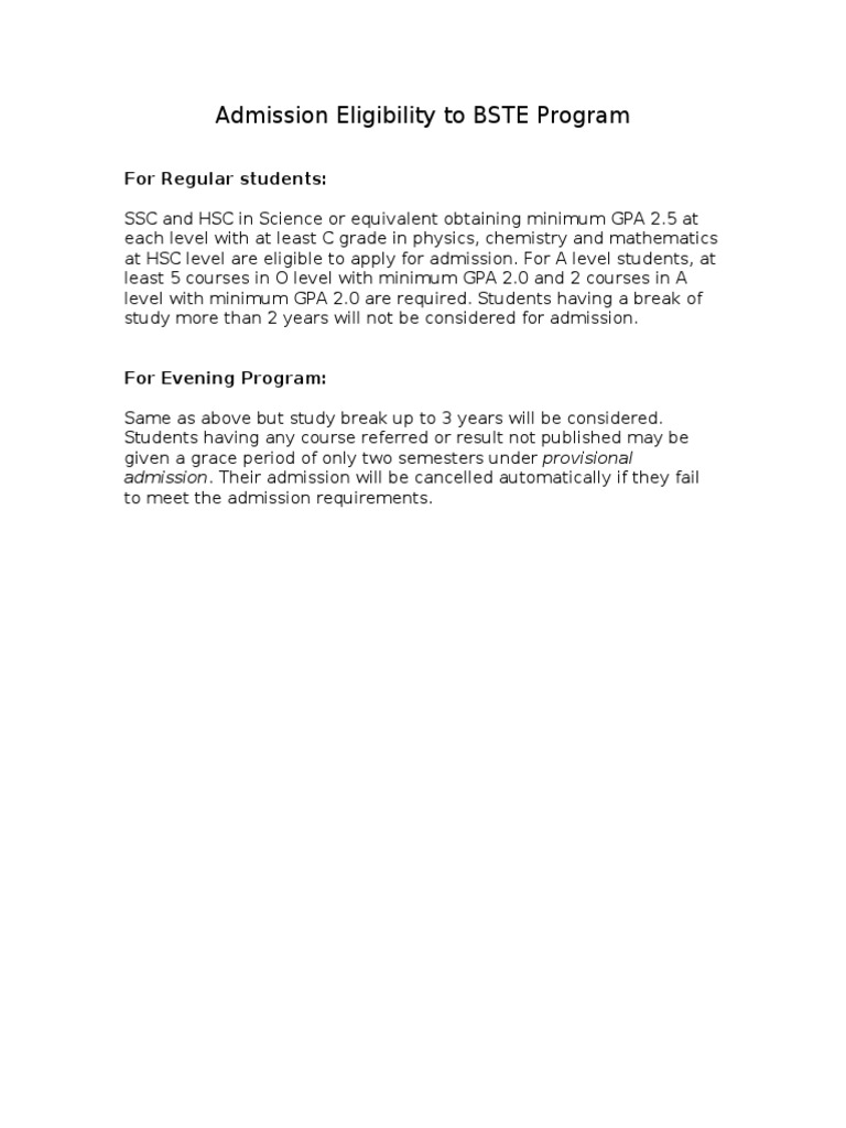 Admission Eligibility To BSTE Program | PDF