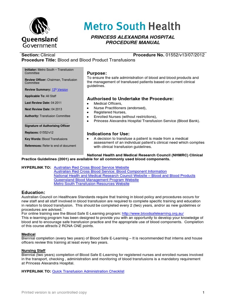 Blood Transfusion Procedure | PDF | Intravenous Therapy | Blood Transfusion