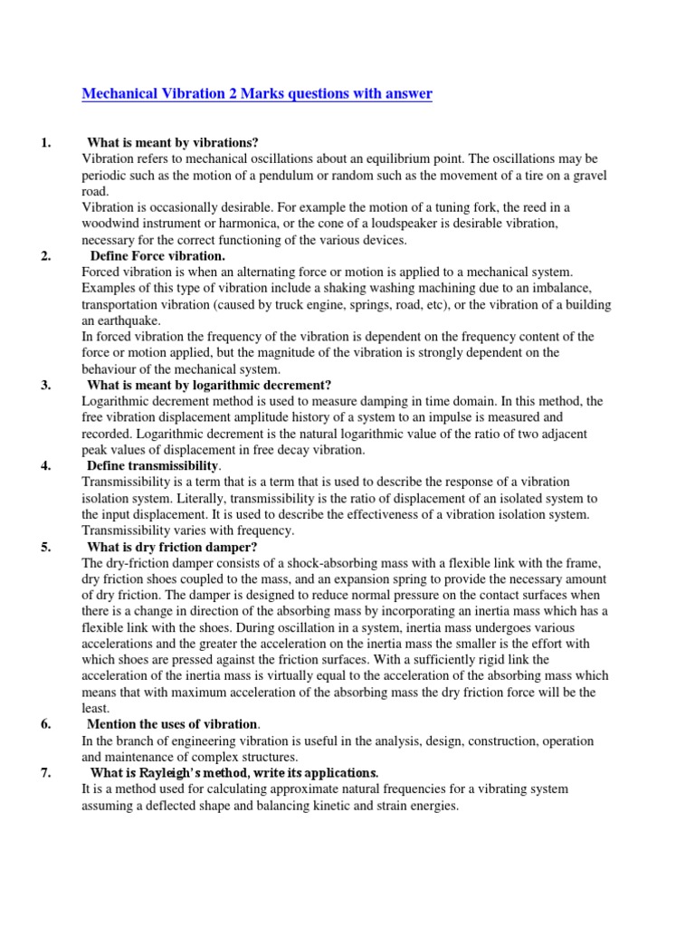 Mechanical Vibration 2 Marks Questions With Answer: 1. What Is Meant by ...