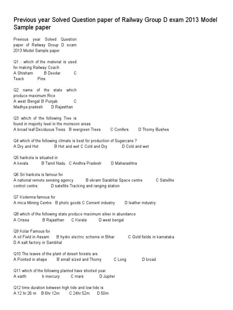 Previous Year Solved Question Paper of Railway Group D Exam 2013 Model ...