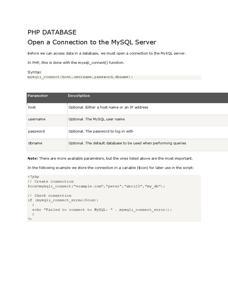 PHP Database Open A Connection To The Mysql Server: Syntax | PDF | Sql ...