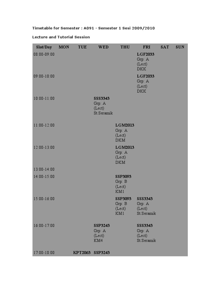Timetable For Semester | PDF