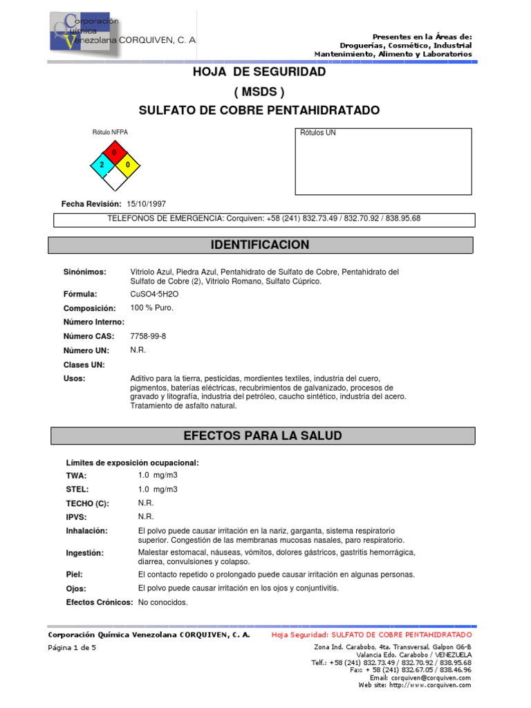 Msdssulfato de Cobre Pentahidratado Agua Sustancias químicas