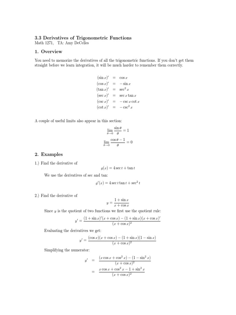 3.3 Derivatives of Trigonometric Functions | PDF | Trigonometric ...