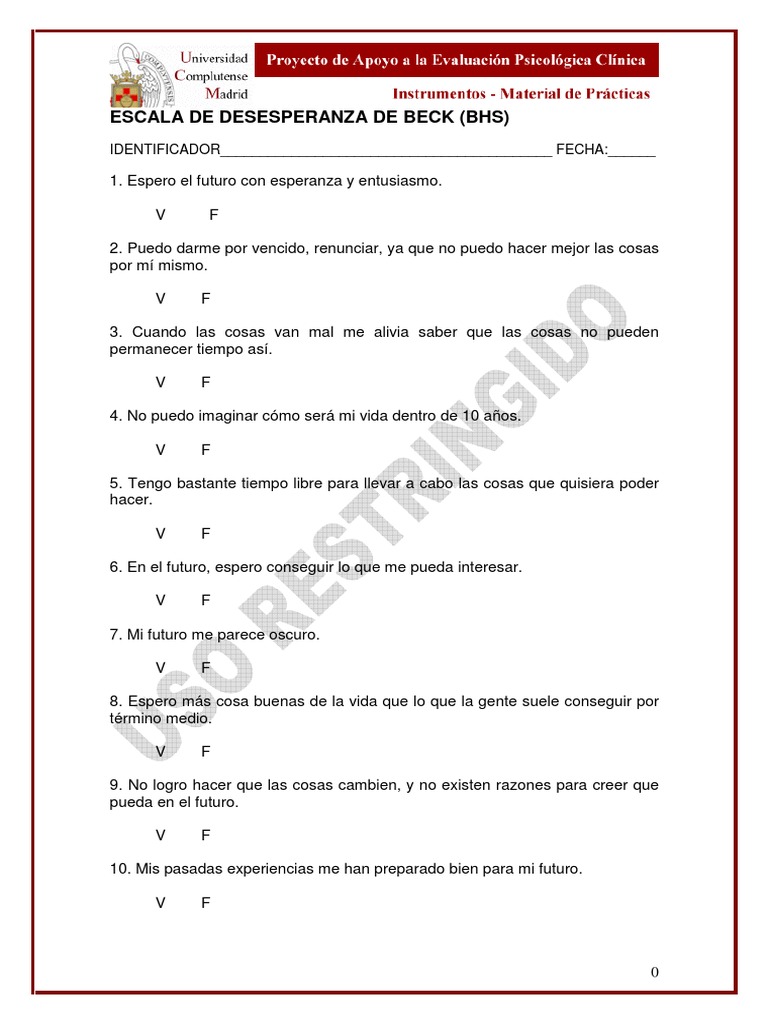 Escala de Desesperanza de Beck (BHS) | PDF