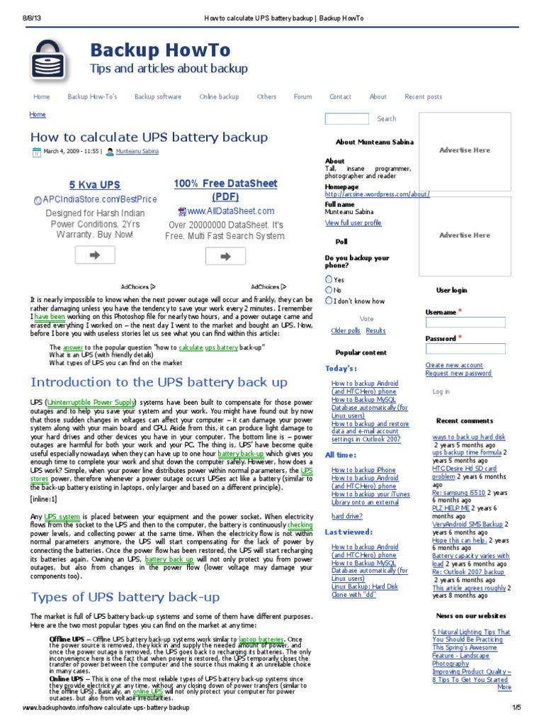 Calculate UPS Battery Backup Time | PDF | Battery (Electricity) | Power ...