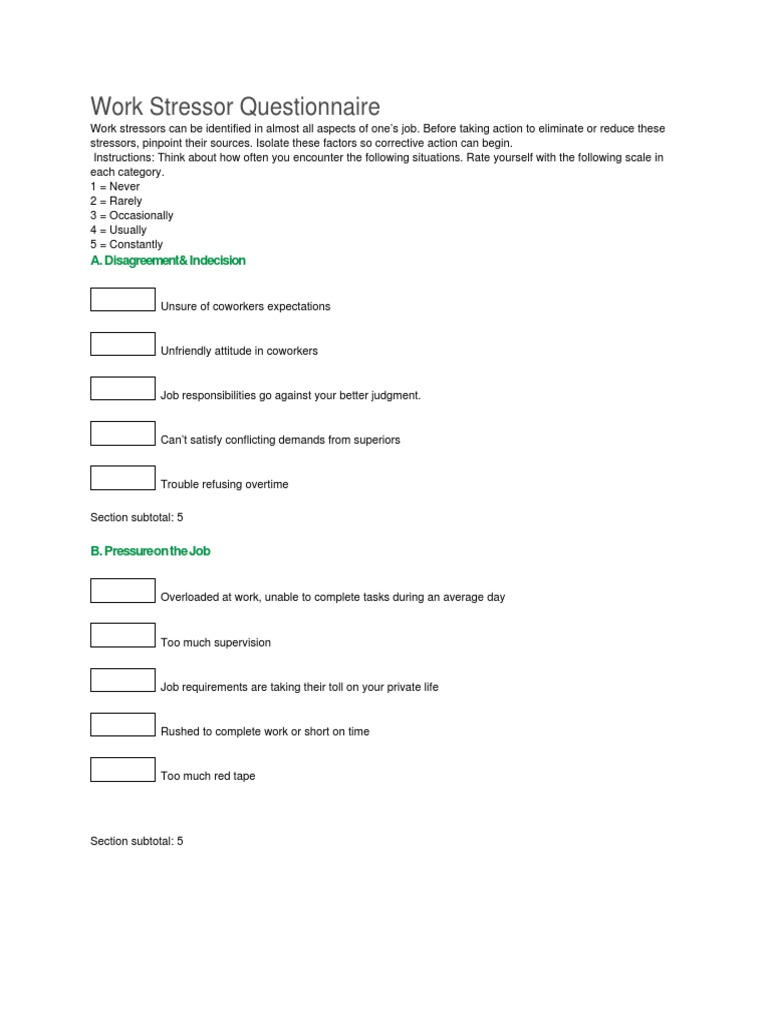 Work Stressor Assessment Questionnaire | PDF | Stress (Biology ...
