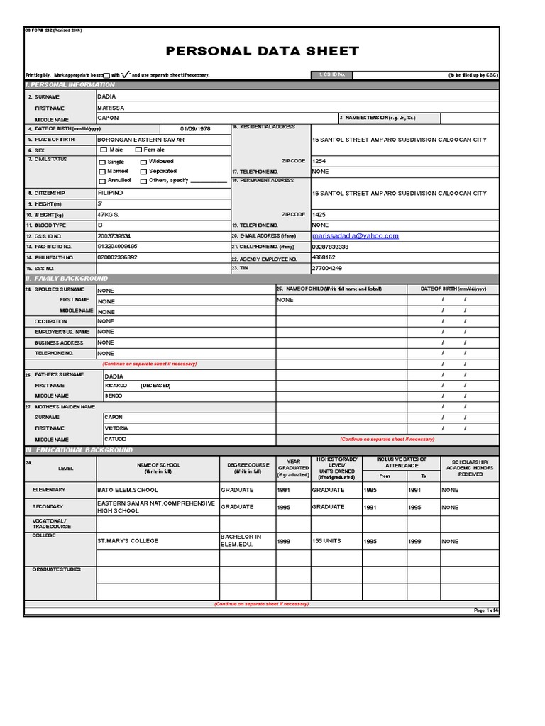 Personal Data Sheet (PDS) Sample 2025 | PDF | College | Government