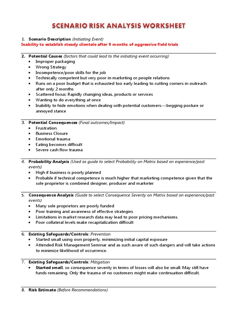 Worksheets Risk Analysis Worksheet scenario risk analysis worksheet e management risk
