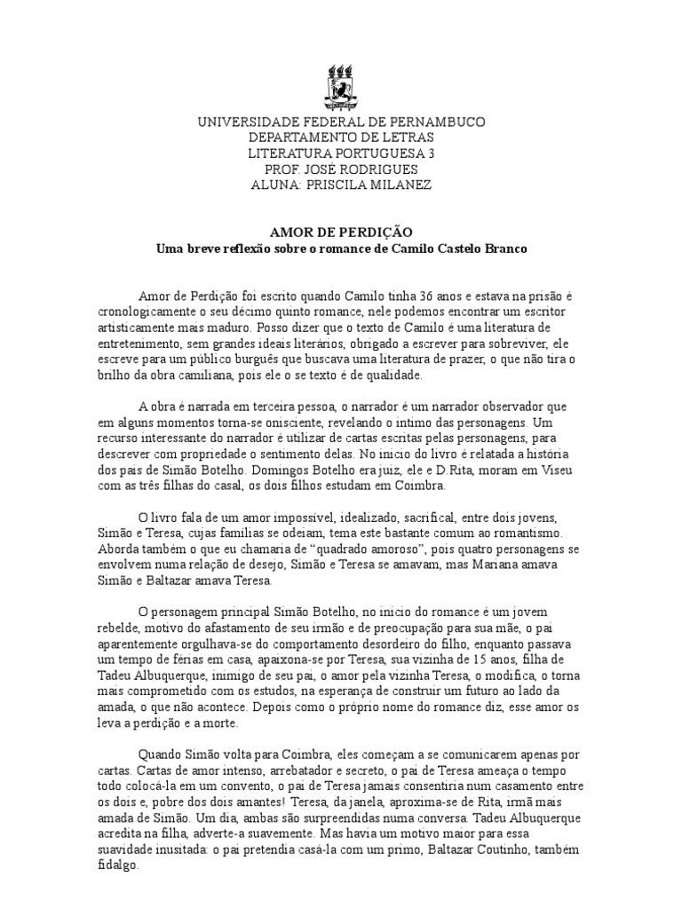Reflexão sobre "Amor de Perdição" | PDF | Amor
