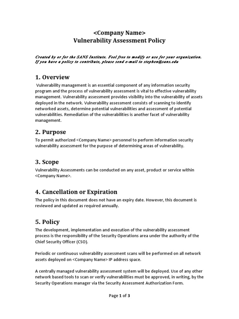Vulnerability Assessment Policy Vulnerability National