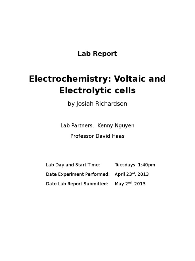 Electrochemical Lab Report PDF Electrochemistry Redox