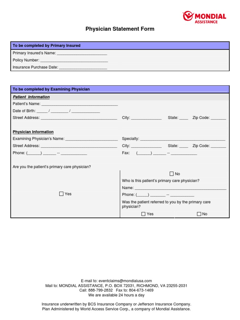 Physician Statement Form for Insurance | PDF | Medical Diagnosis | Patient