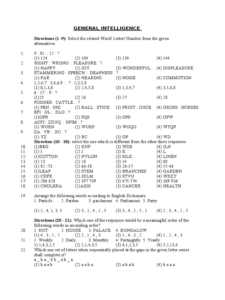 General Intelligence Test Questions | PDF | Matrix (Mathematics ...