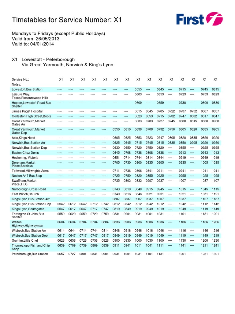 Lowestoft Norwich X1 Timetable Bus Transport Public Transport