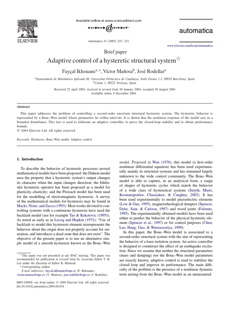 Adaptive Control of A Hysteretic Structural System | PDF