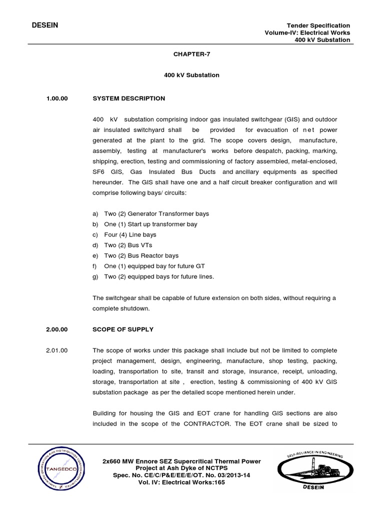 400 kV Substation Tender Specifications | PDF | Electrical Substation ...
