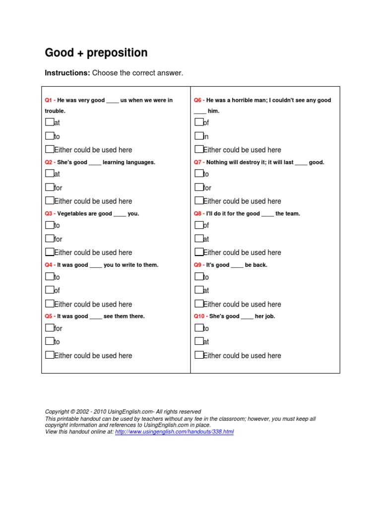 Good + Prepositions (Worksheet) | PDF | Language Arts & Discipline