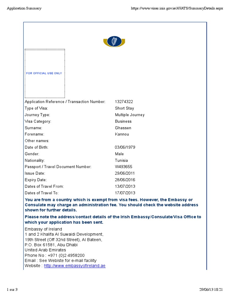 ireland visa application letter format