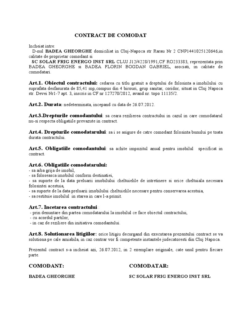 Contract de Comodat | PDF