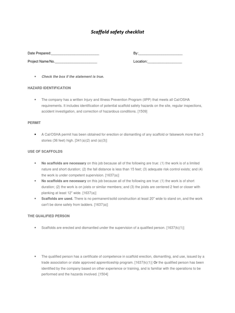 Scaffold Safety Checklist | PDF | Scaffolding | Occupational Safety And ...