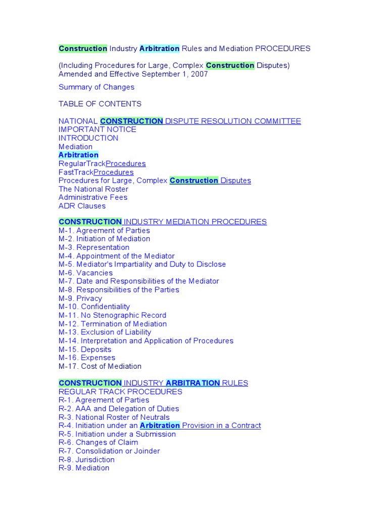 CONSTRUCTION ARBITRATION RULES intelligence overview