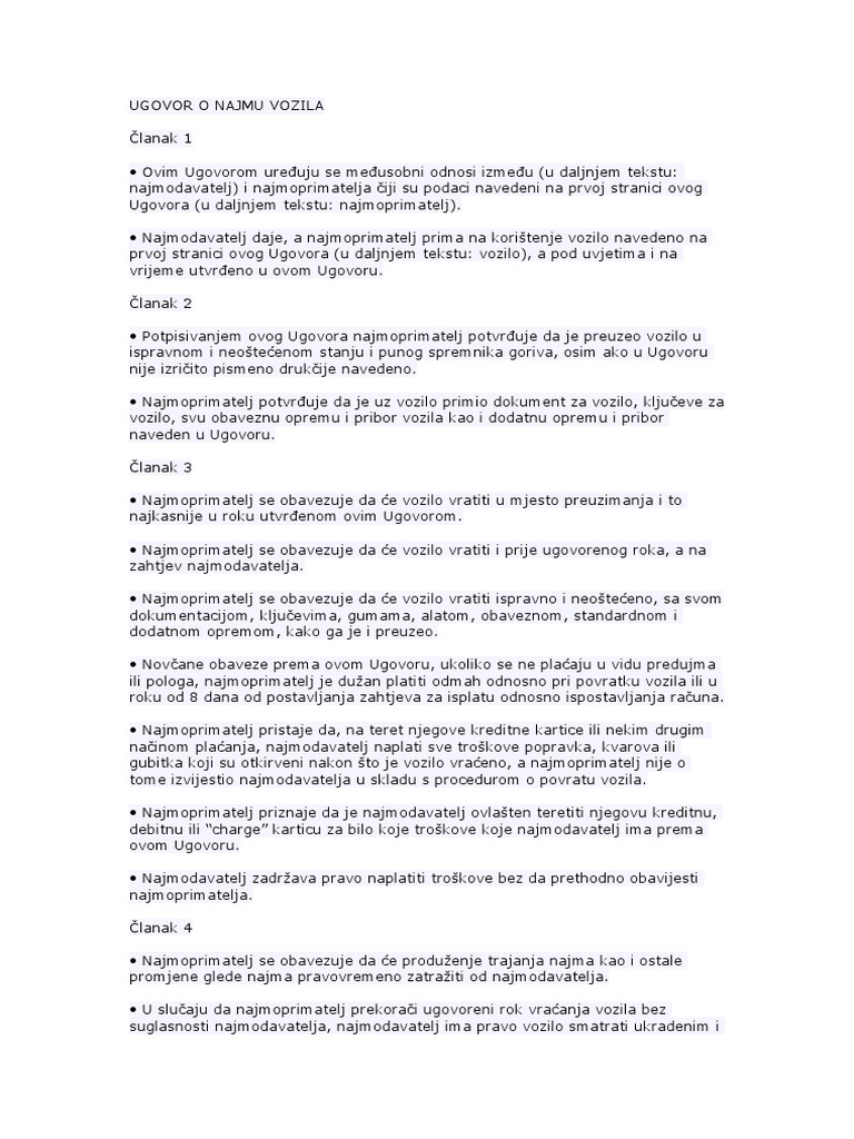 Dogovor Za Rent A Car Primer | PDF