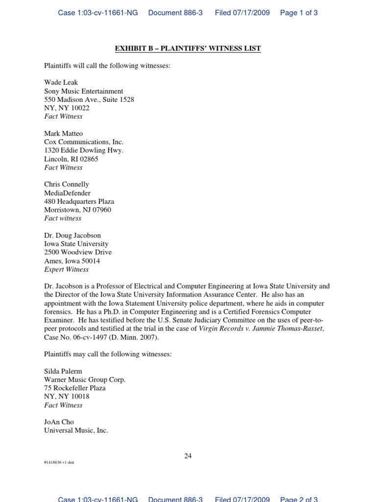 Plaintiffs' Witness List | PDF