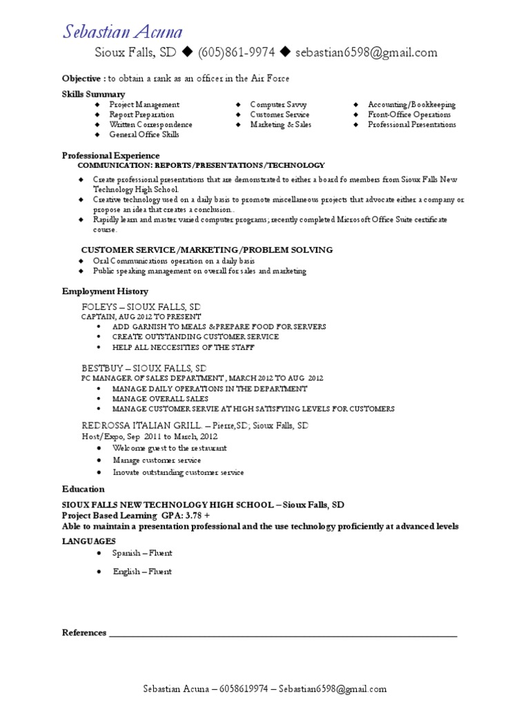 Air Force Officer Resume of Sebastian Acuna | PDF