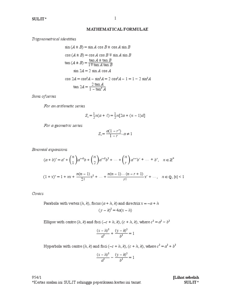 Stpm Math T Formulae 954 Pdf