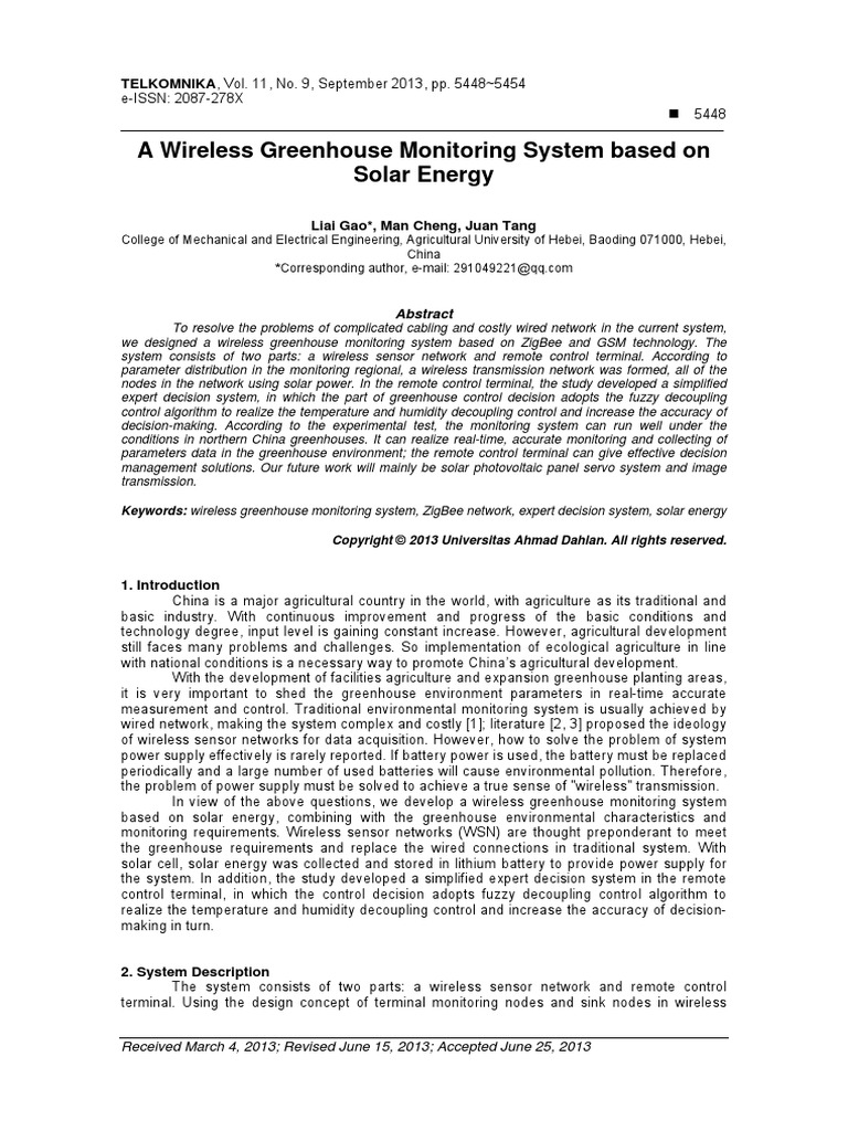 A Wireless Greenhouse Monitoring System Based On Solar Energy | PDF ...