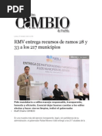 07-10-2013 Diario Matutino Cambio de Puebla - RMV Entrega Recursos de Ramos 28 y 33 a Los 217 Municipios