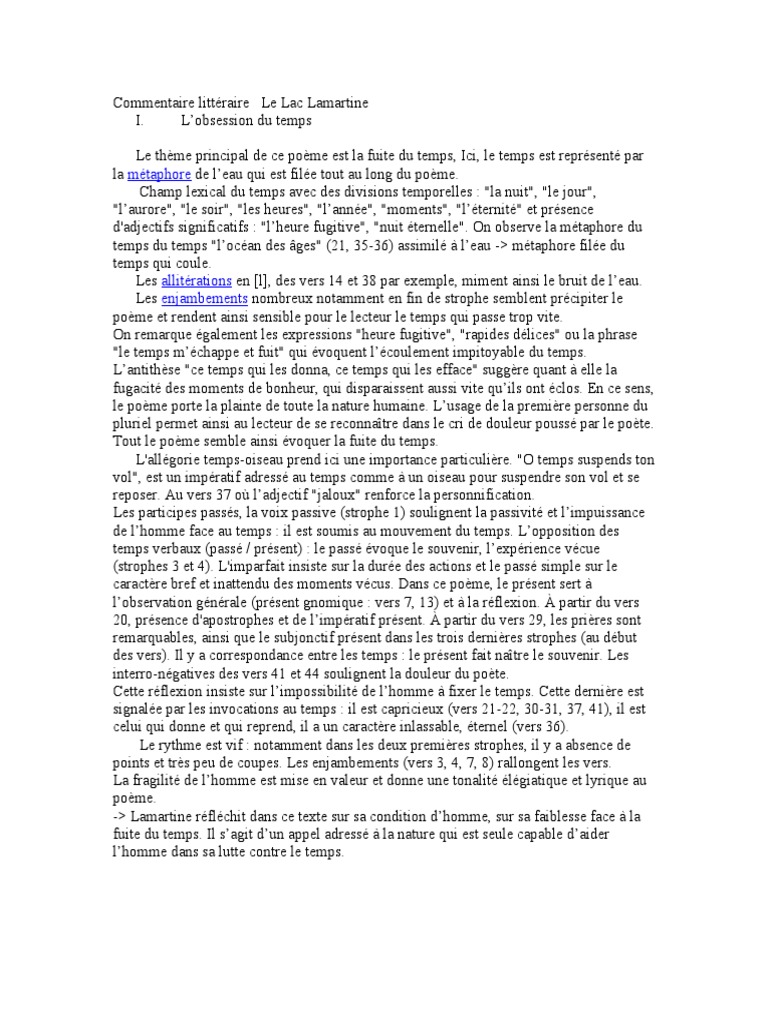 commentaire litteraire le lac lamartine metaphore poesie essai