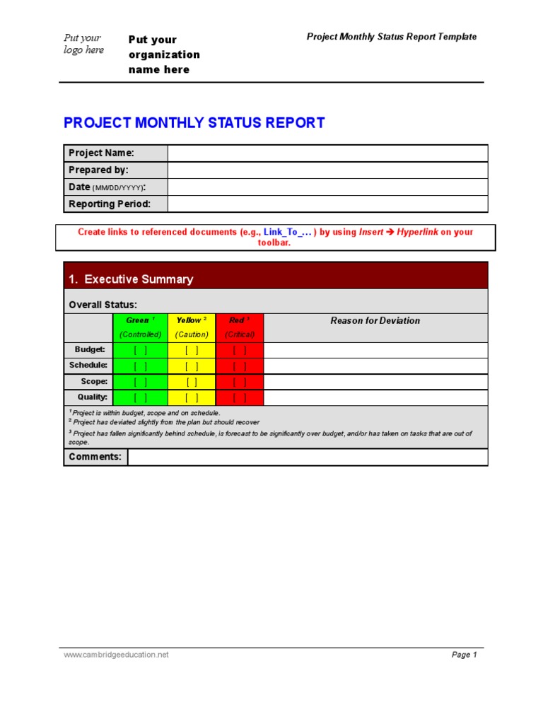 Monthly Status Report Template  PDF  Civil Law (Legal System In Executive Summary Project Status Report Template